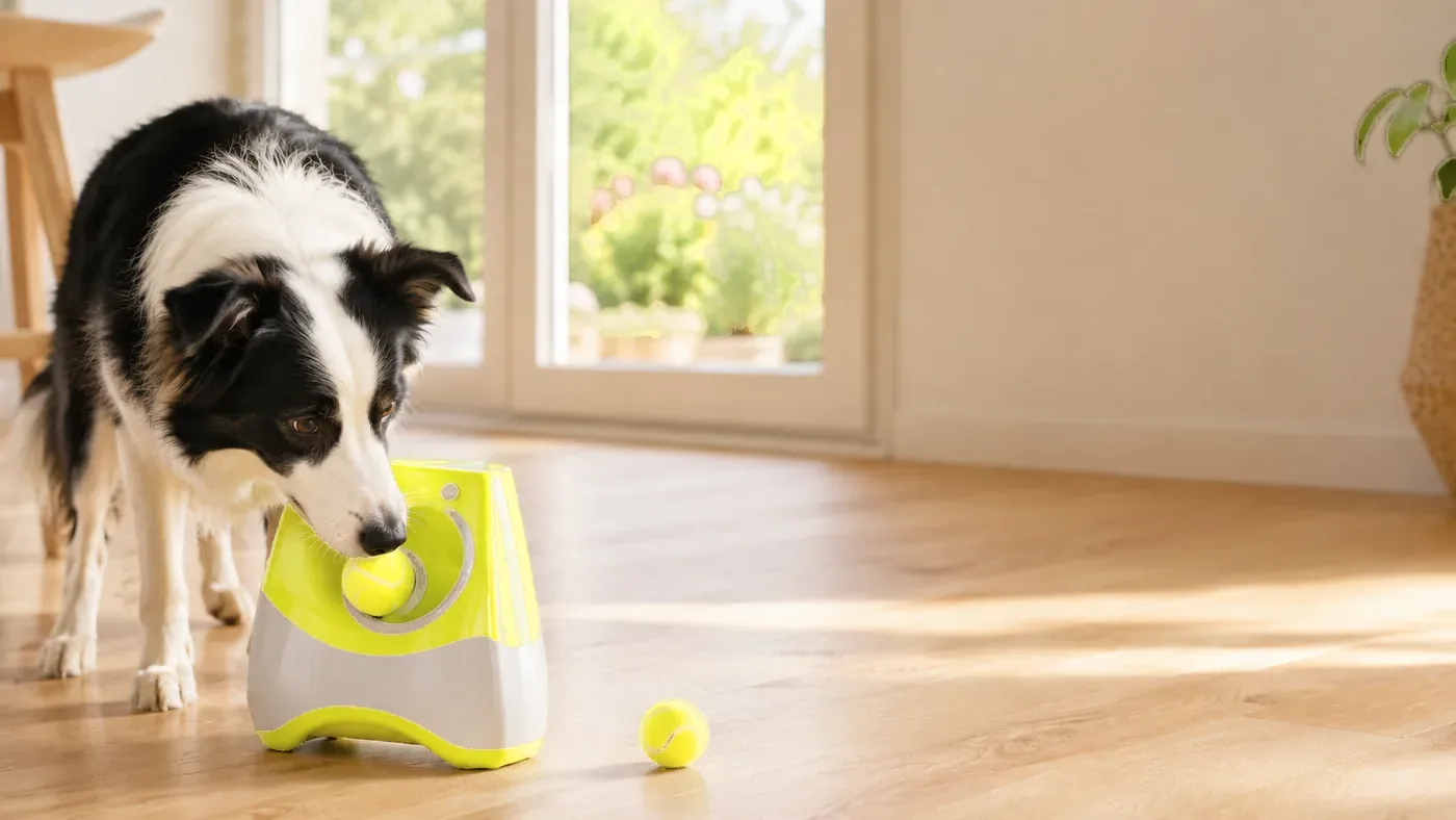 A border collie drops a ball into the front opening of the launcher, in a living room with pale wood flooring