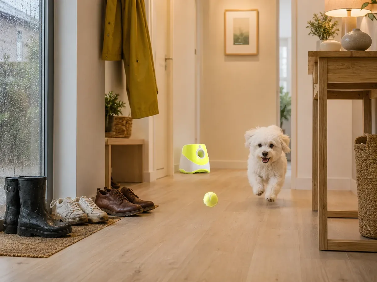 A bichon chases a ball down an apartment hallway on a rainy day, a raincoat hanging by the door
