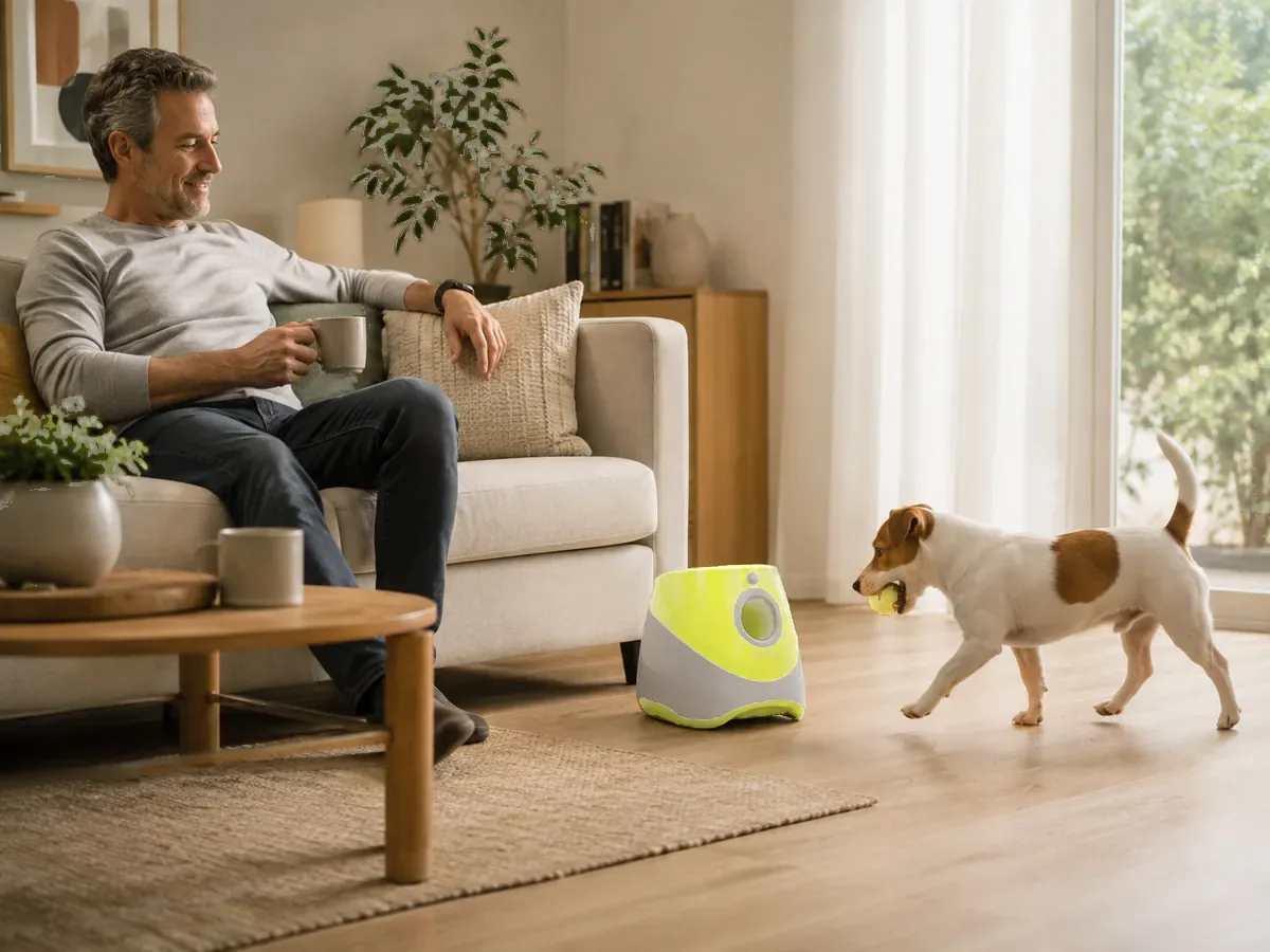 A man sitting on his sofa watches his dog play alone with the launcher in the middle of the living room