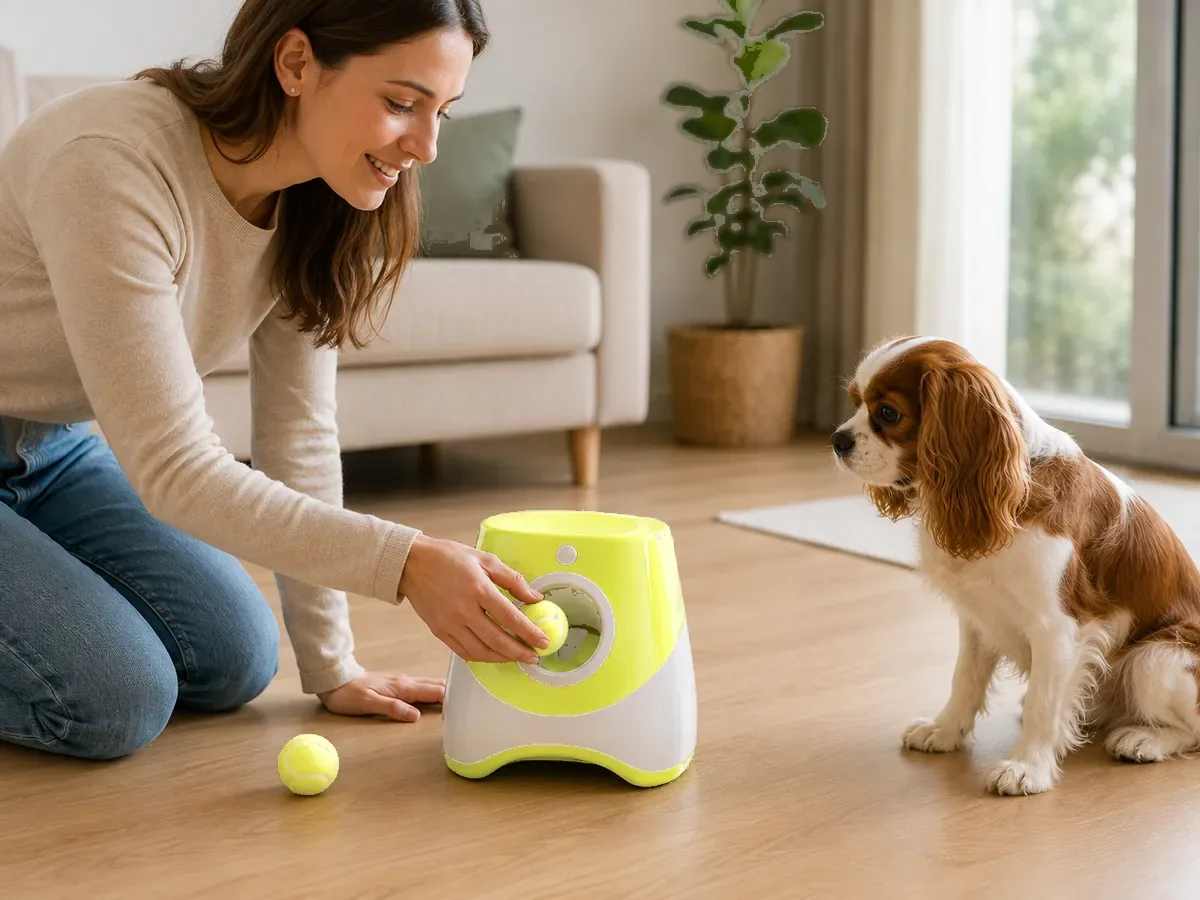 A woman kneeling places a ball into the front opening of the launcher in front of an attentive young dog