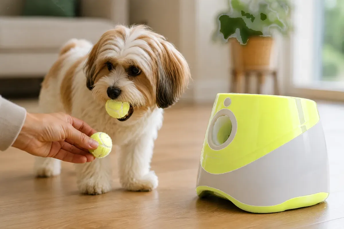 A hand offers a second ball to a small dog already holding the first in his mouth