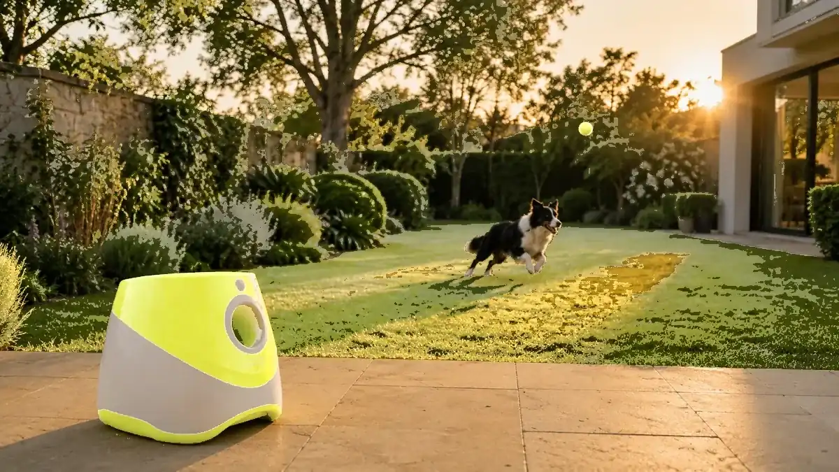 The launcher sends a ball across a garden, a border collie running after it