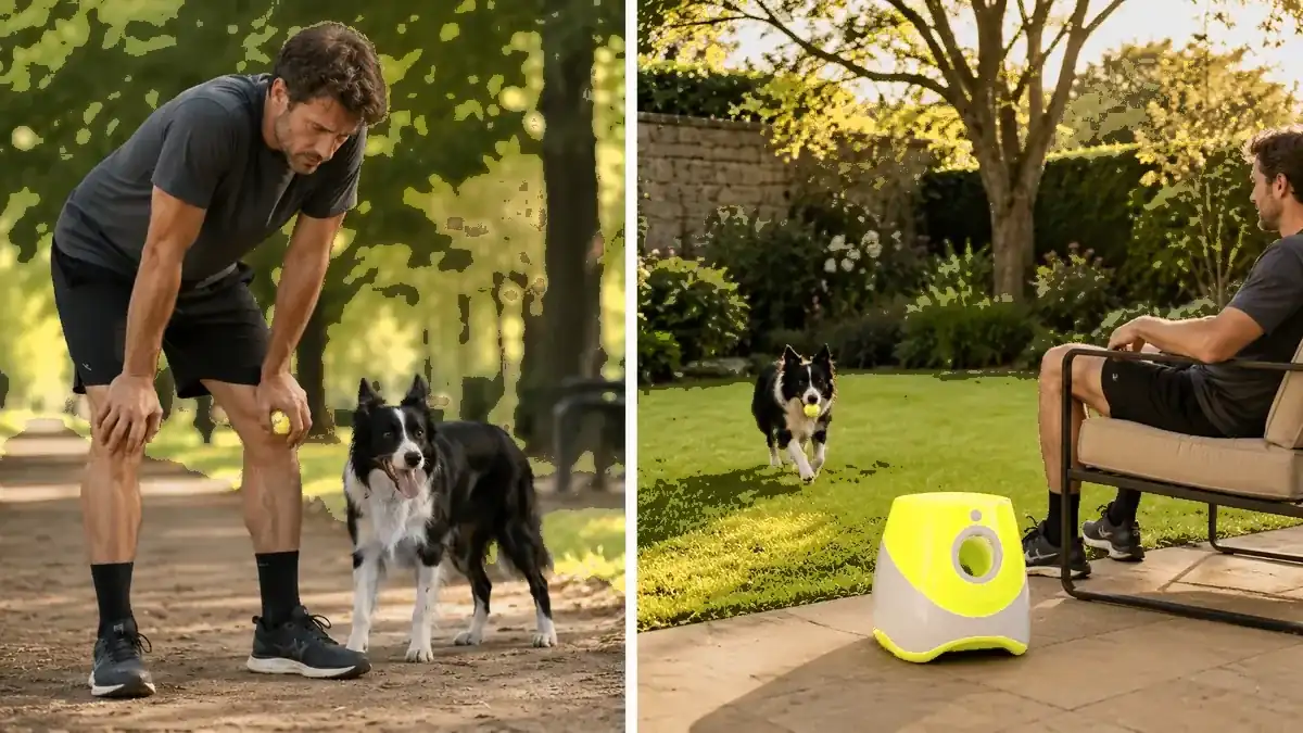 On the left an owner worn out after many throws, on the right his dog still running with the launcher