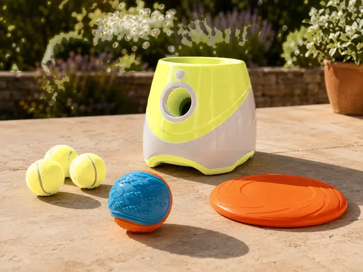 The full kit on a garden table: the launcher, three tennis balls, the textured squeaky ball and the orange flying disc