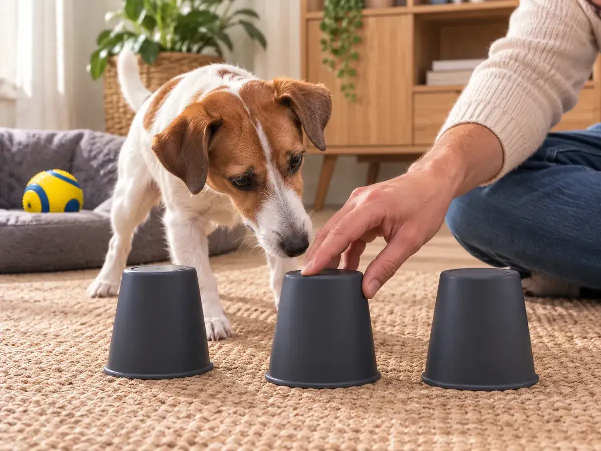Three opaque cups upturned in front of a small dog nosing the middle one