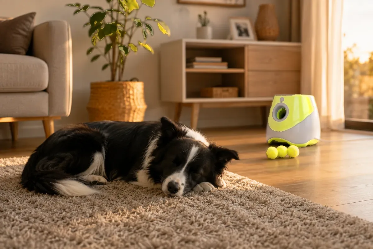 A border collie asleep on a rug at the end of the day, the launcher switched off behind him with its balls