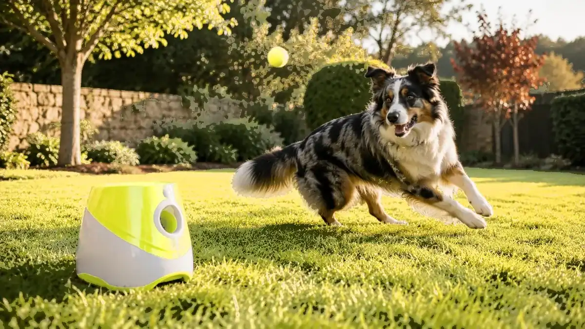 An australian shepherd turning in a garden to chase the ball the launcher has just sent across the lawn