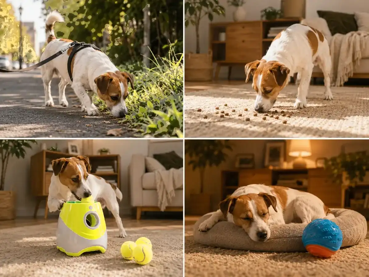 Four moments of the same day: a sniffing walk, kibble scattered on a rug, a session with the launcher, and the dog asleep in his bed