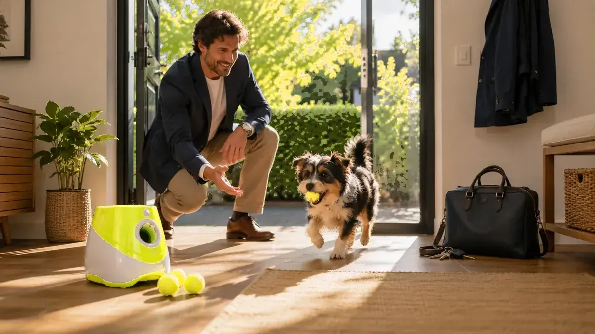 A man in outdoor clothes finishes a short session with the launcher before leaving, his dog bringing the ball back