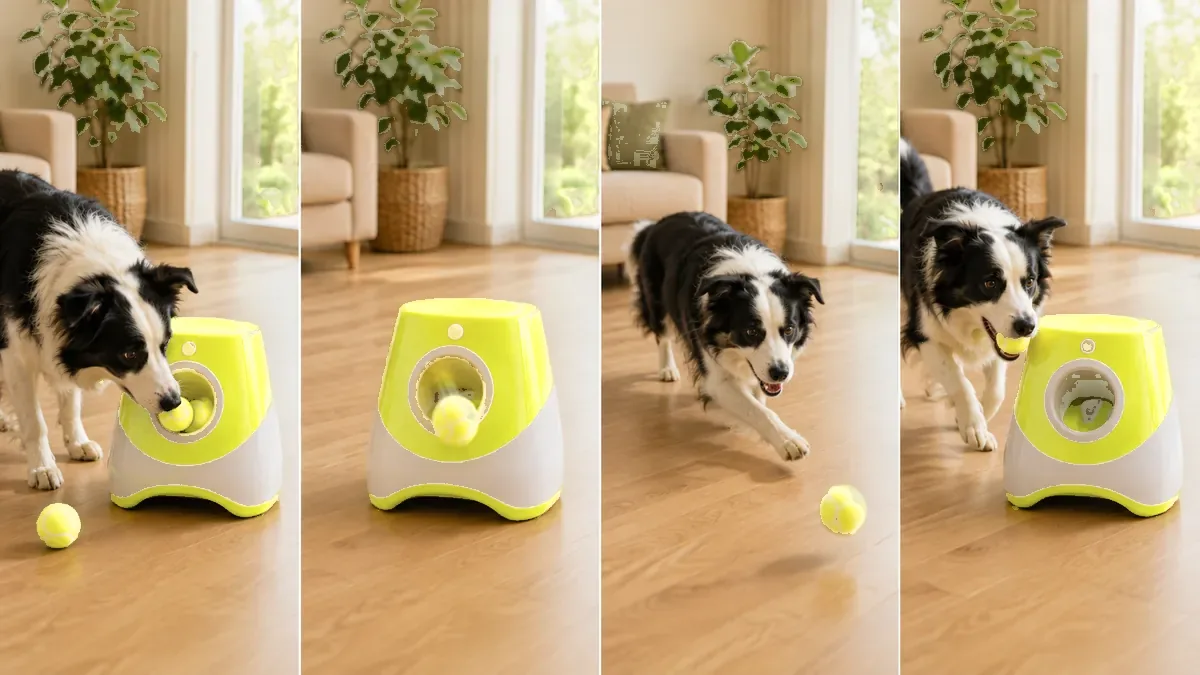 Four moments in sequence: the dog drops the ball into the front opening, the ball fires out, the dog runs, he comes back with it