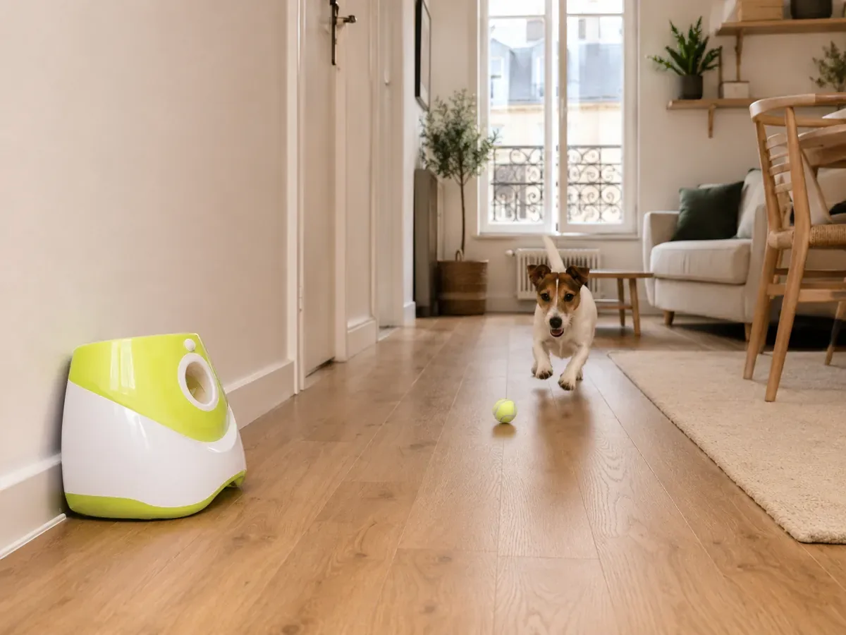 The launcher set to its shortest range at the end of a hallway, a jack russell running back towards it after a ball