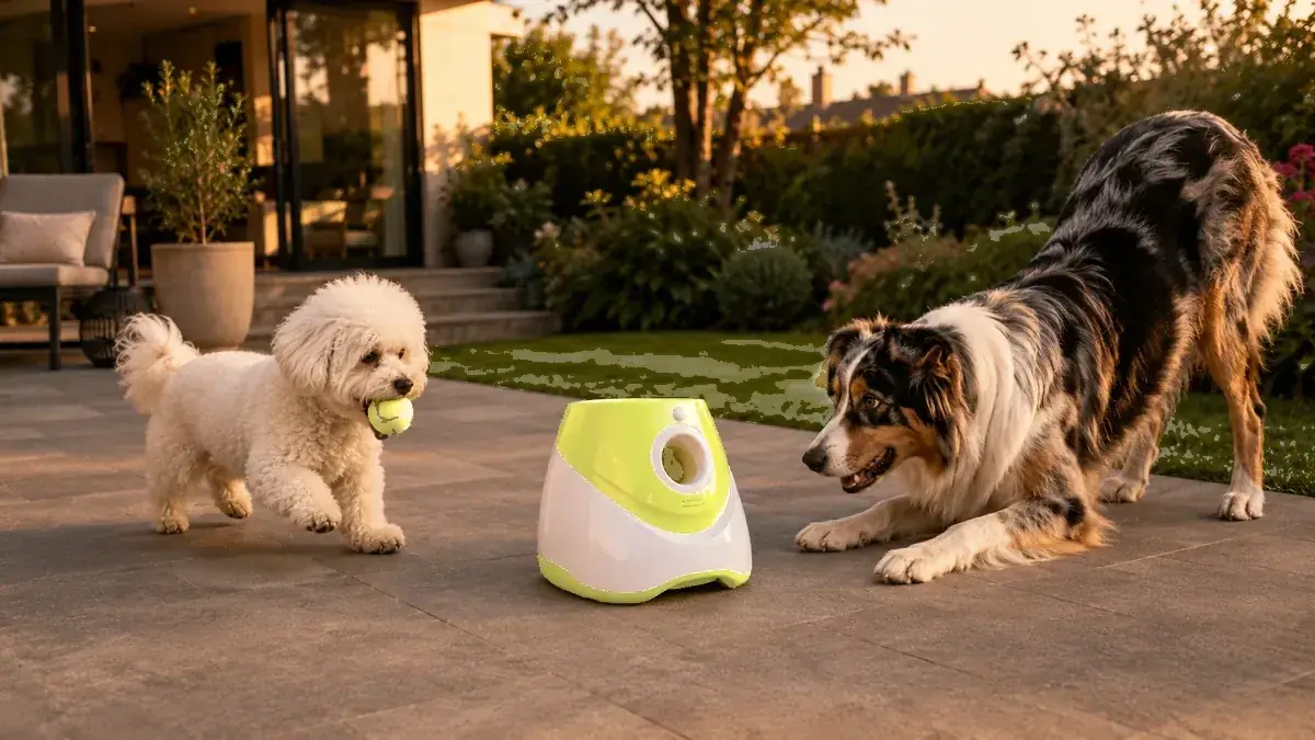 A bichon and an australian shepherd playing together around the launcher on a terrace at sunset