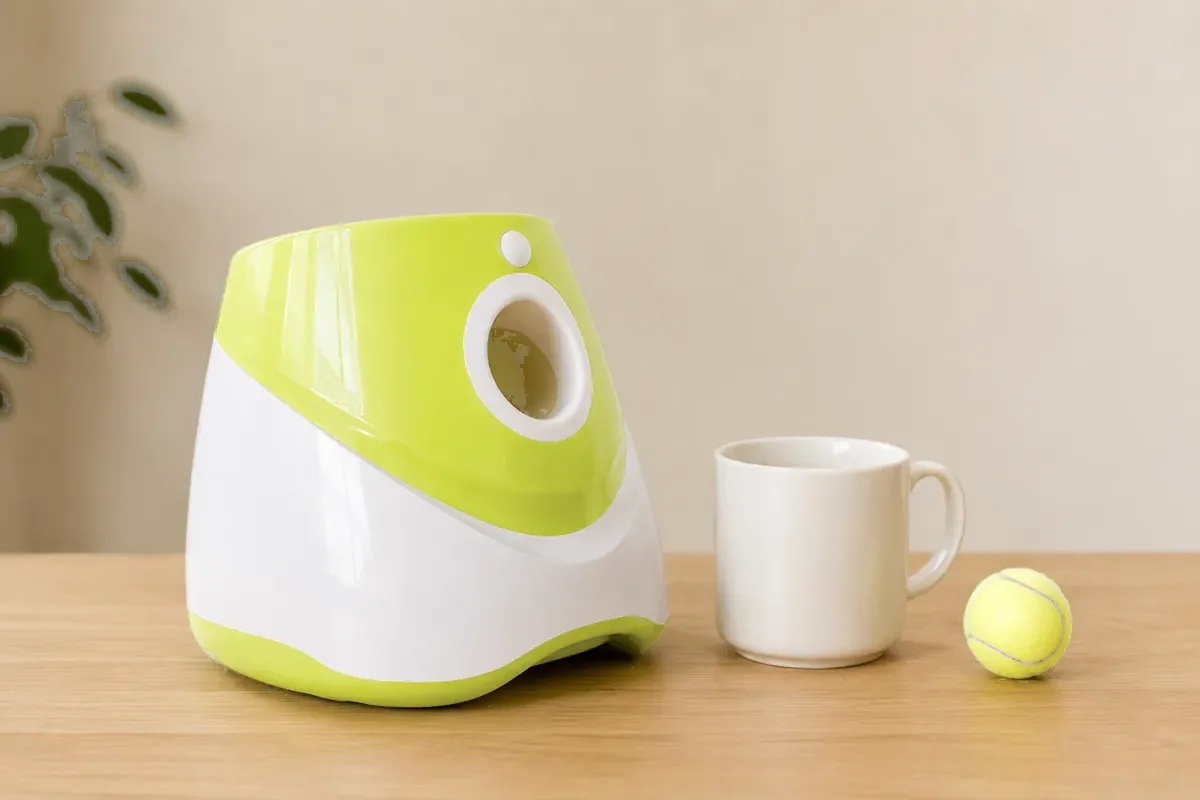 The launcher on a table next to a white mug, which gives the scale of its 10 inches